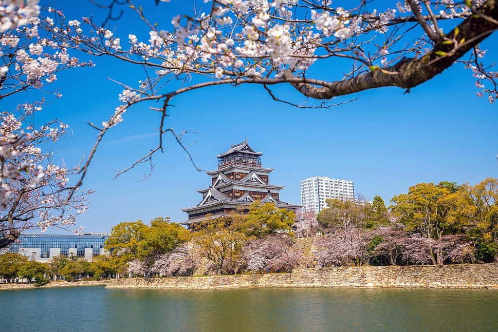 Hiroshima Castle During Cherry Blossom Season in Japan