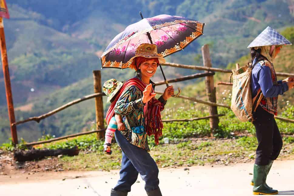 Vietnamese Women Walking Mountainous Road